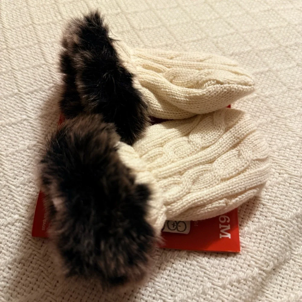 NWT Magnificent Baby Cream Mittens with Brown Fur Trim